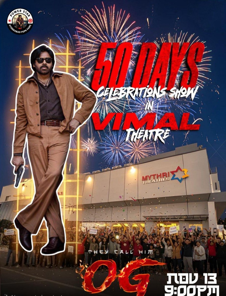 Get Ready Hyderabad <a href="/PawanKalyan/">Pawan Kalyan</a> Fans 
for OG 50 Days Celebrations in Vimal theatre 70MM Balanagar On November 13th🥁💥 

9PM FANS SHOW✅

Huge celebration planned by @HYDRTCXROADS !!