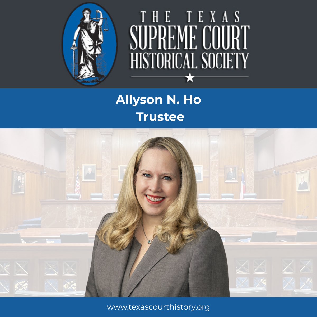 We are excited to next spotlight Allyson Ho of Gibson Dunn. She is a noted appellate attorney and has presented six cases before the U.S. Supreme Court. She currently serves as a trustee for the Texas Supreme Court Historical Society.

#TXlaw #TXlawyer #TXlawyers #TSCHS #SCOTX