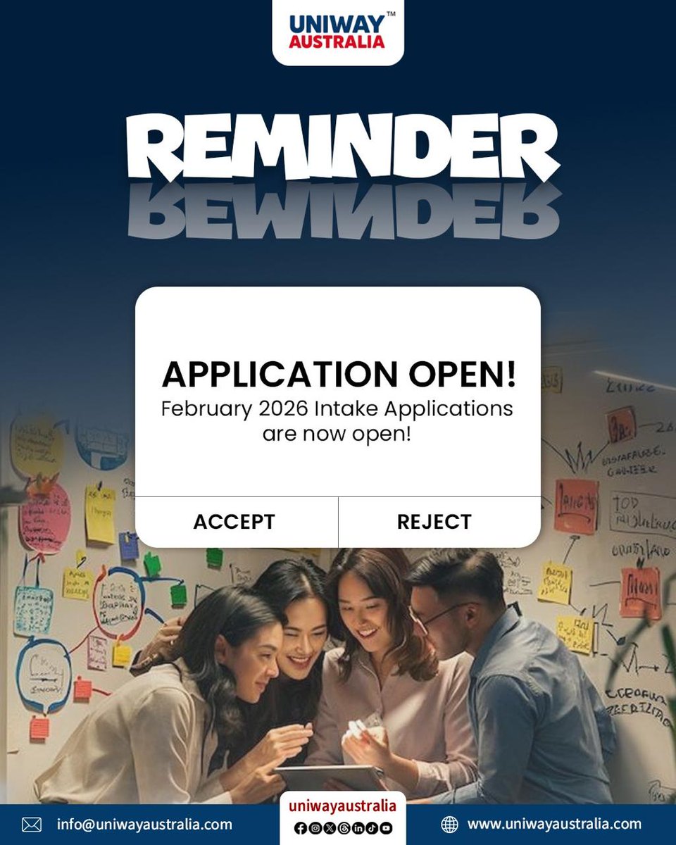 Uniwayaustralia's tweet image. Applications for the February 2026 Intake are officially OPEN! 

Website: uniwayaustralia.com
Email: info@uniwayaustralia.com
WhatsApp: wa.me/message/ESNXEN…
Contact Form: forms.office.com/r/GMRL06bQKf

#UniwayAustralia #StudyInAustralia #ApplicationOpen #February2026Intake