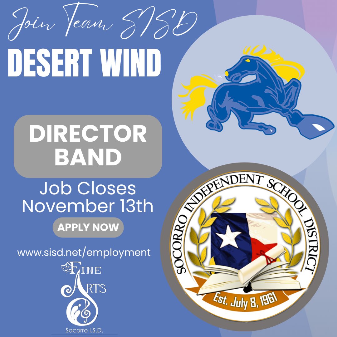 SISD_FineArts's tweet image. Closing tomorrow! Join the Desert Wind Band Family! Apply at sisd.net/employment #TeamSISD #SISDFineArts