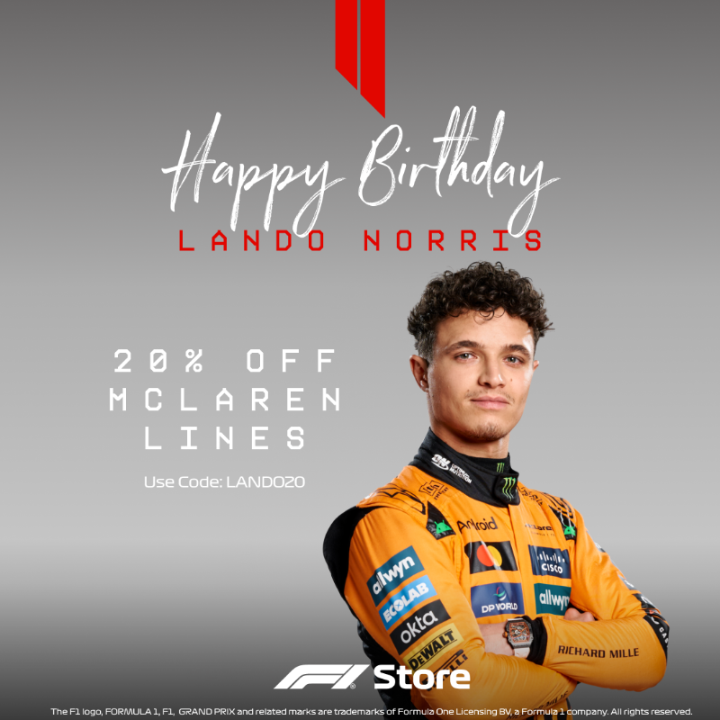 F1's tweet photo. Wishing a Happy Birthday to Lando Norris! 🥳

Celebrate with 20% off McLaren Lines for his big day 🛍️

#F1