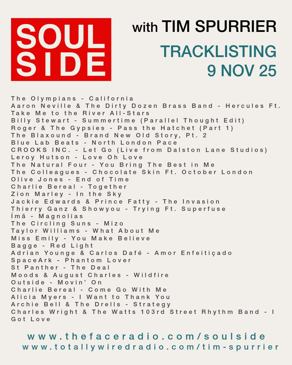 Tim’s back with another soulful journey spinning the old, the new, and everything with groove. From jazz to funk, R&amp;B to rare soul, this one hits every note. Tune in, turn up, and take the ride.

🎧 thefaceradio.com/soulside/
🎧 totallywiredradio.com/tim-spurrier/

#Soul #Jazz #Funk #RNB