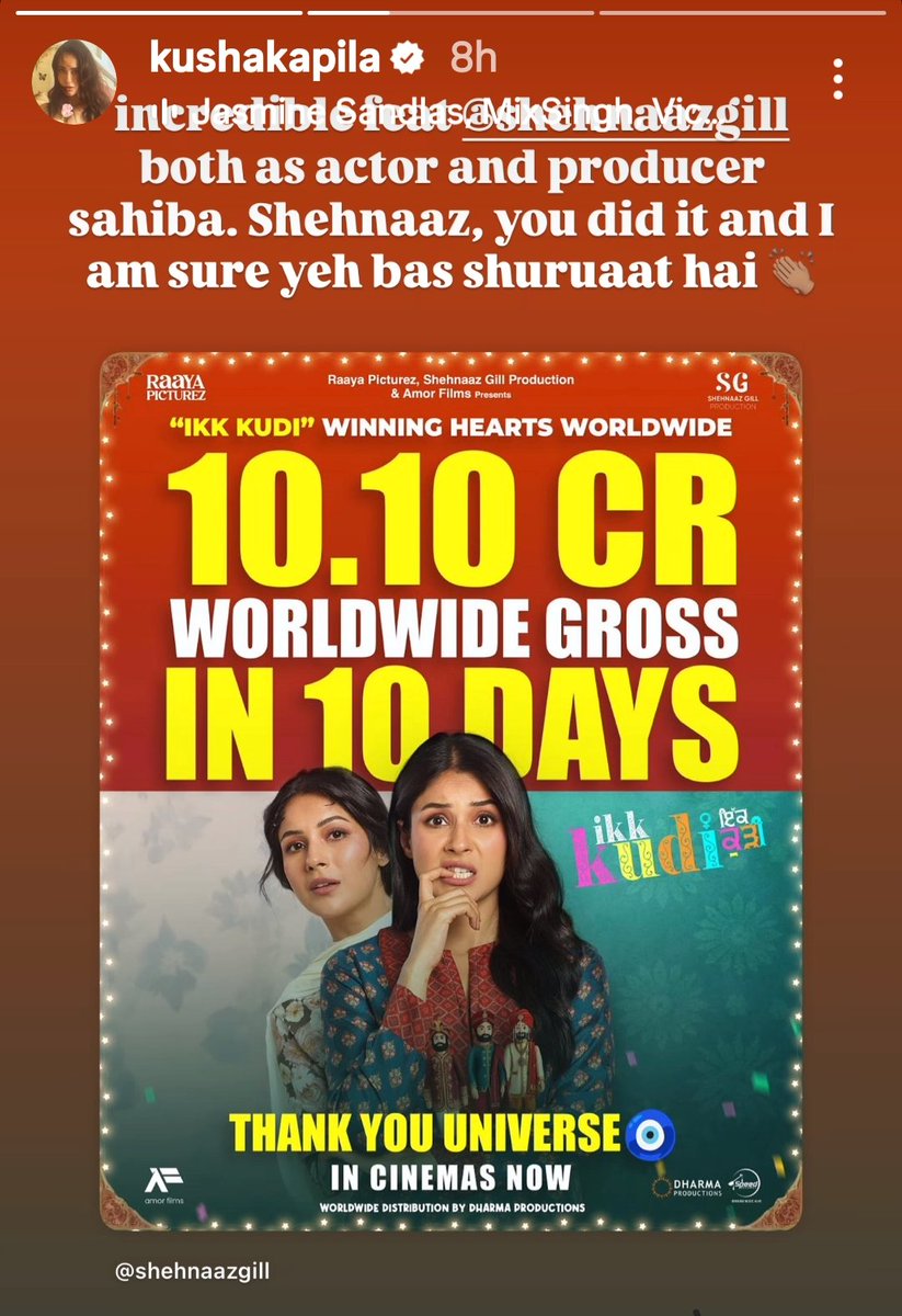 Kusha Kapila IG story..  praising shehnaaz gill for the flim ikkkudi 🧿✨✨
#ShehnaazGill #IkkKudi