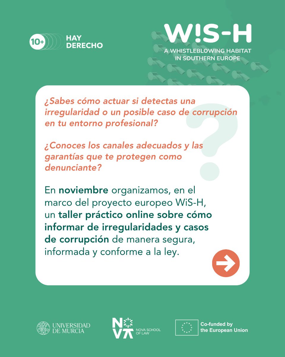 HayDerecho's tweet photo. 🖥️ ¡El próximo lunes tenemos una cita!

Organizamos un taller práctico online sobre cómo informar de irregularidades y casos de corrupción de manera segura, informada y conforme a la ley 🗣️.

Abrimos 🧵 https://t.co/uxFG2kXrmk