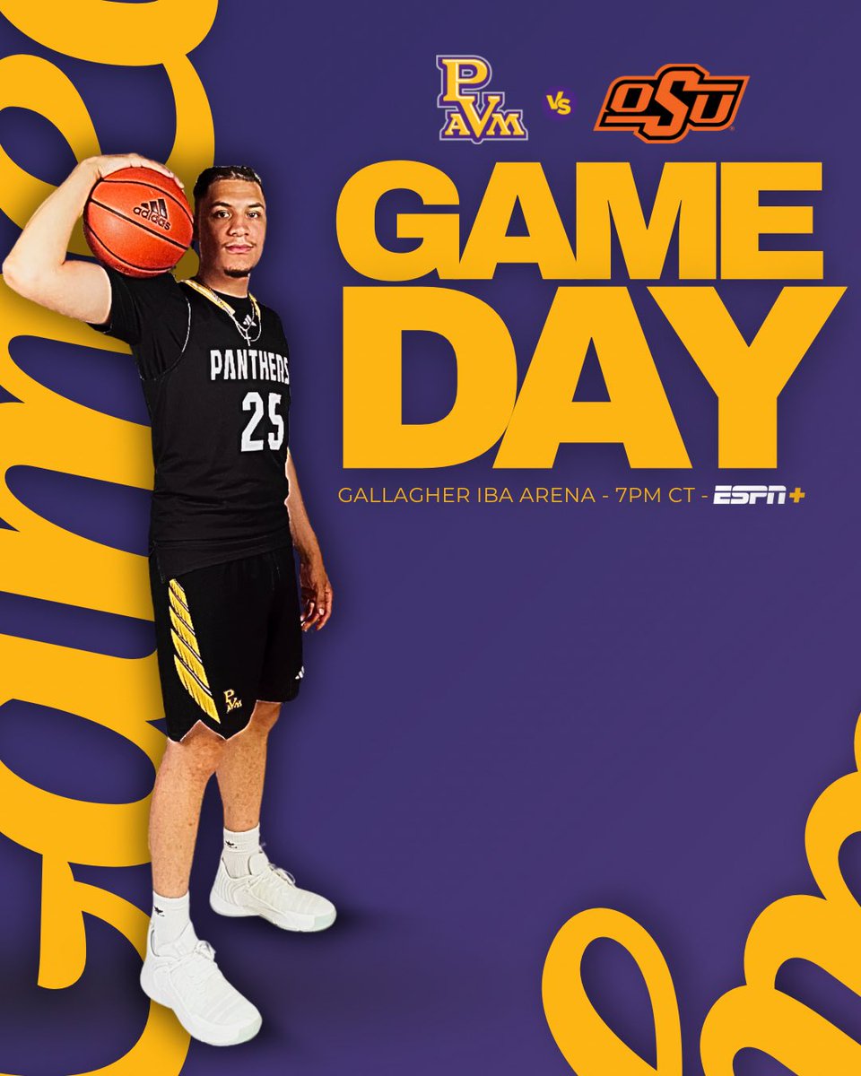 PVAMU_MBB's tweet image. 𝗚𝗔𝗠𝗘𝗗𝗔𝗬!
⁣⁣
🆚 Oklahoma State
🏟️ Gallagher Iba Arena
⏰ 7PM [CT]
📺 ESPN+
⁣⁣⁣
#PvamuMBB | #PantherPride