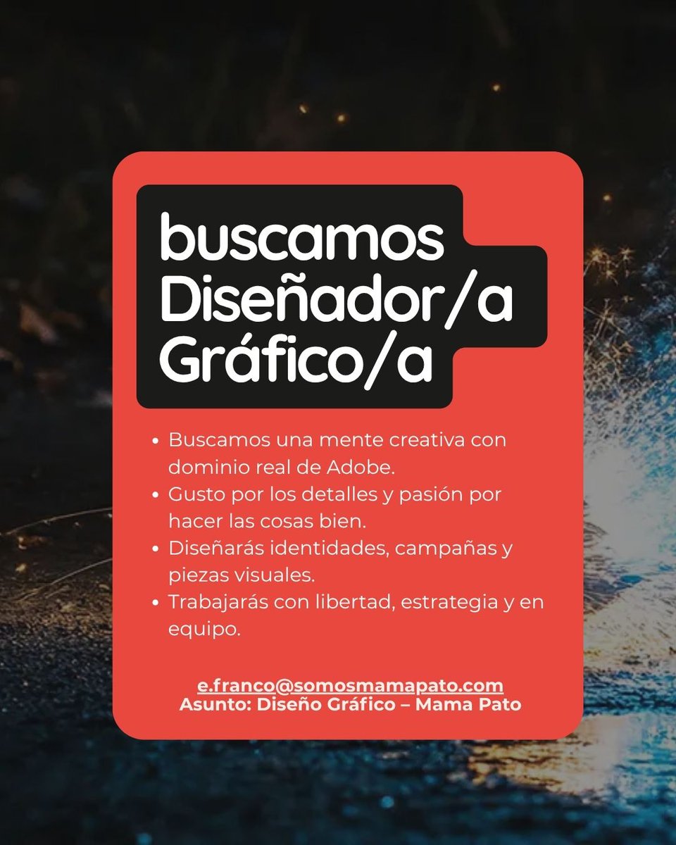 Únete a Mama Pato como Diseñador/a Gráfico/a

#AgenciaMamaPato #BuscamosTalentoConAlas #DiseñoConCariño #CreatividadReal #DiseñoGráfico #DiseñoSevilla #TrabajoCreativo #OfertaDeEmpleo #SeBuscaDiseñador  #CosasBienHechas #MamaPatoTeam