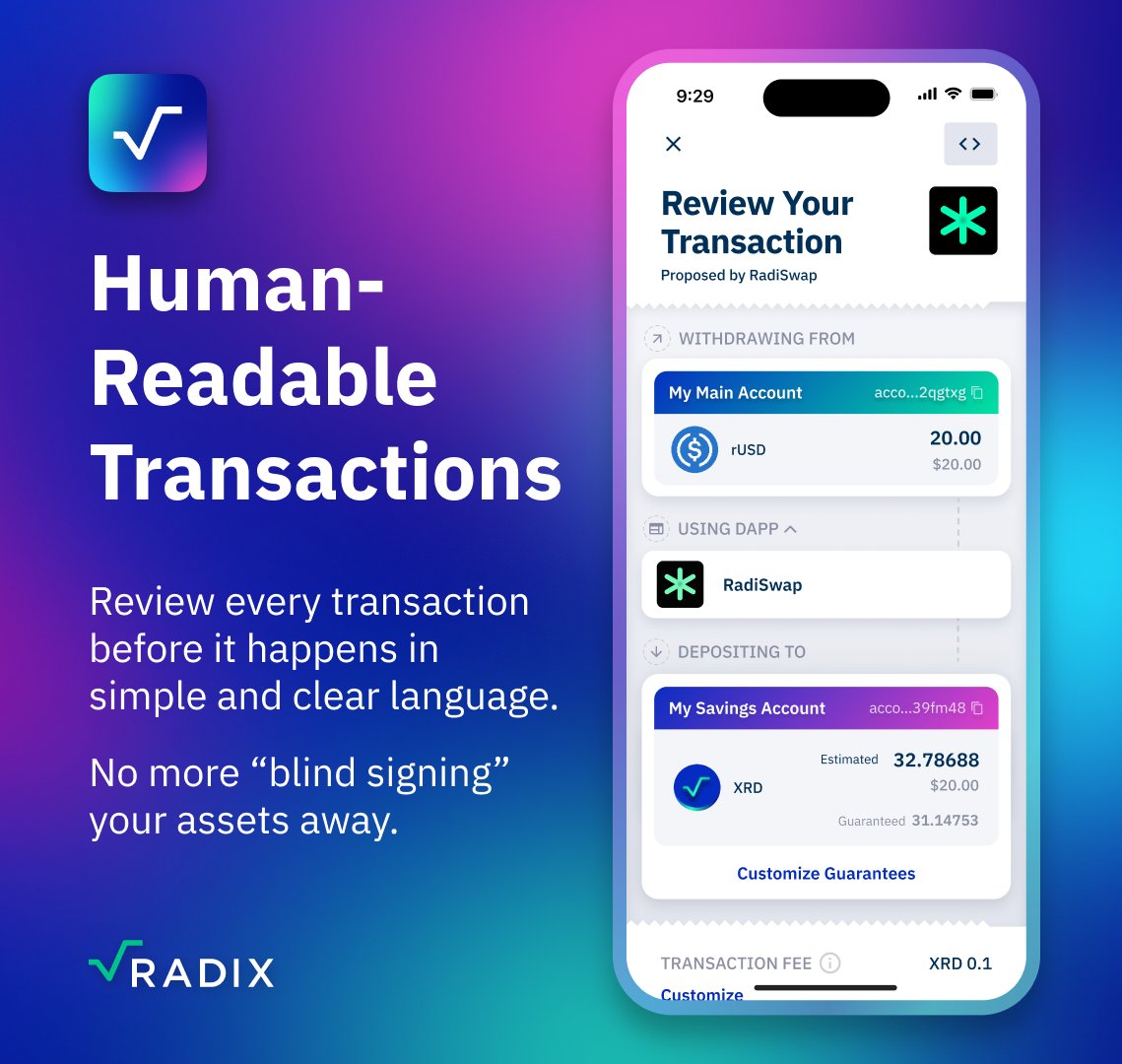 Some things that make Radix different:

Human-readable transactions &amp; native MFA. Web3 that feels like Web2 but stays fully decentralised.

Scrypto + Radix Engine = Smart contracts re-imagined. 
Assets are real objects, not fragile code hacks. No re-entrancy, no approval
