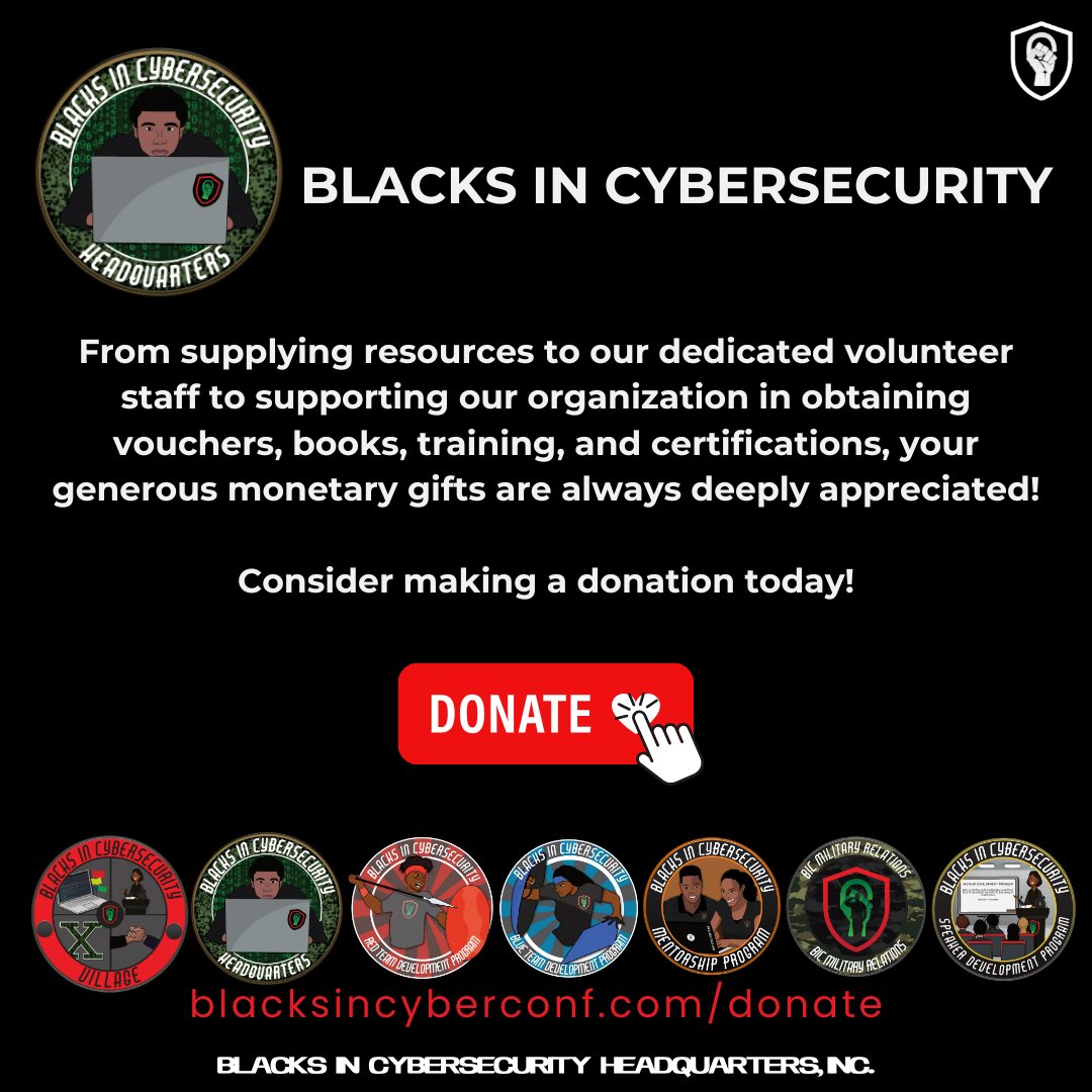 BlackInCyberCo1's tweet image. 🏡 Every donation—no matter the size—helps us keep building the village that empowers, educates, and uplifts. 
⁠
💌 : givebutter.com/cNI5Y1⁠
⁠
#LitLikeBIC #BlacksInCyber #CyberCommunity #Cybersecurity #CommunityImpact #BlacksInCyber