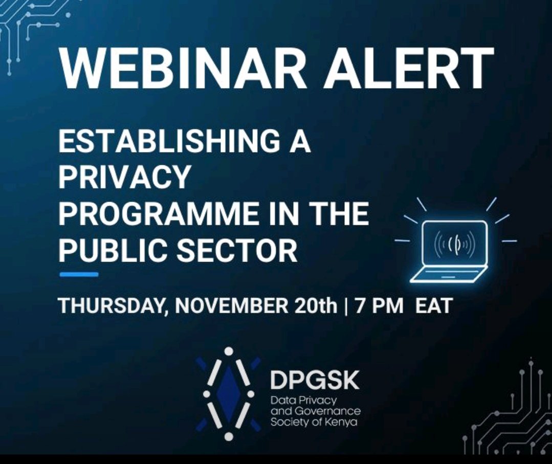 🌍 Join us for an engaging Public Sector DPOs Session on Establishing a Privacy Programme in the Public Sector 

🗓 Date: Thursday, 20th November 2025
 🕖 Time: 7:00 PM (EAT)
 🔗 Register here: live.zoho.com/jzyd-pxe-jqg