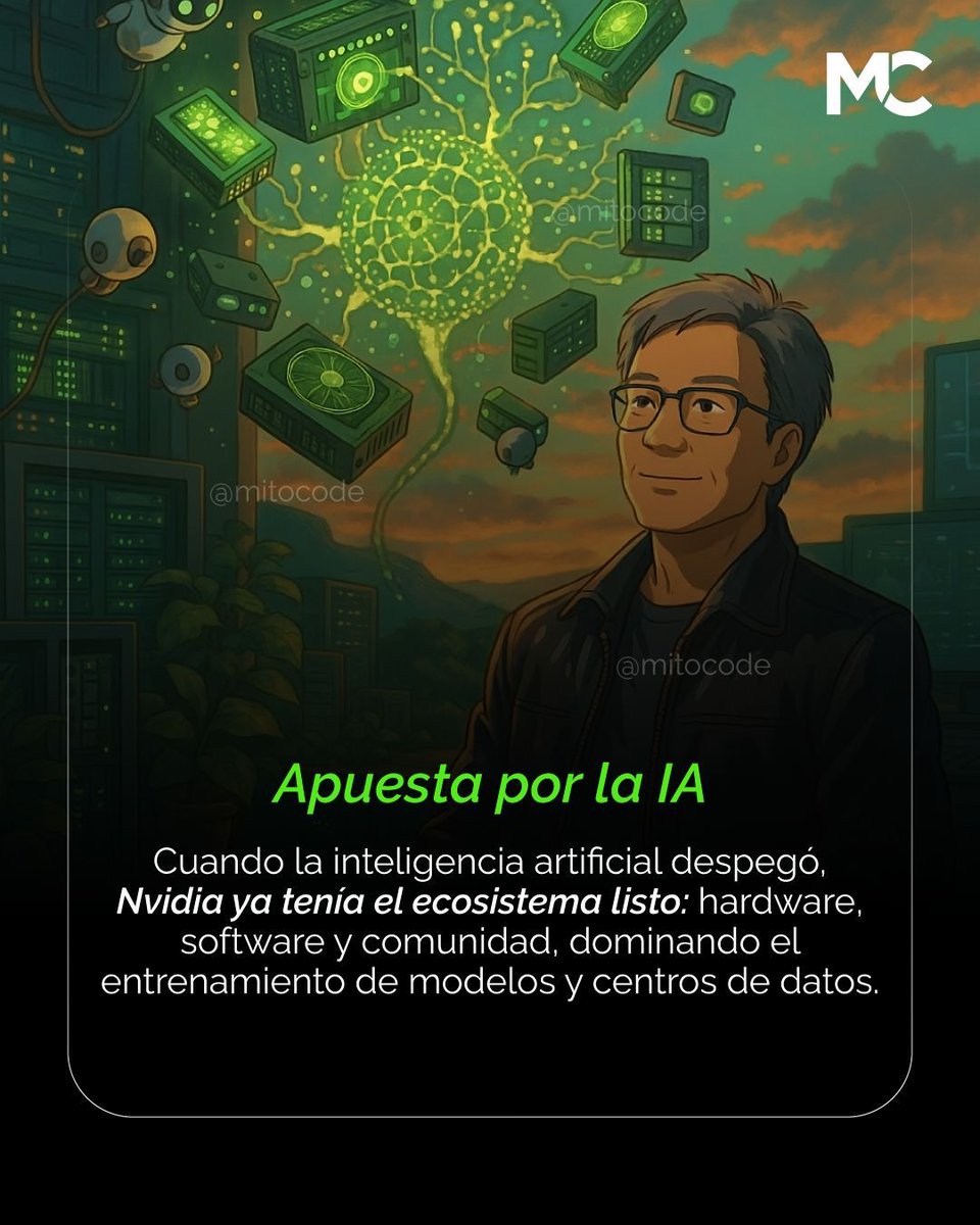 mitocode's tweet image. ¡Hey Coder! 🙋🏻♀️🙋🏻♂️. Conoce cómo Nvidia se convirtió en el cerebro de la inteligencia artificial moderna 🧠💡. De fabricar chips a dominar centros de datos y entrenar modelos de IA, su visión a largo plazo marcó el rumbo de la industria 🤖💻

#mitocode #programador #programacion