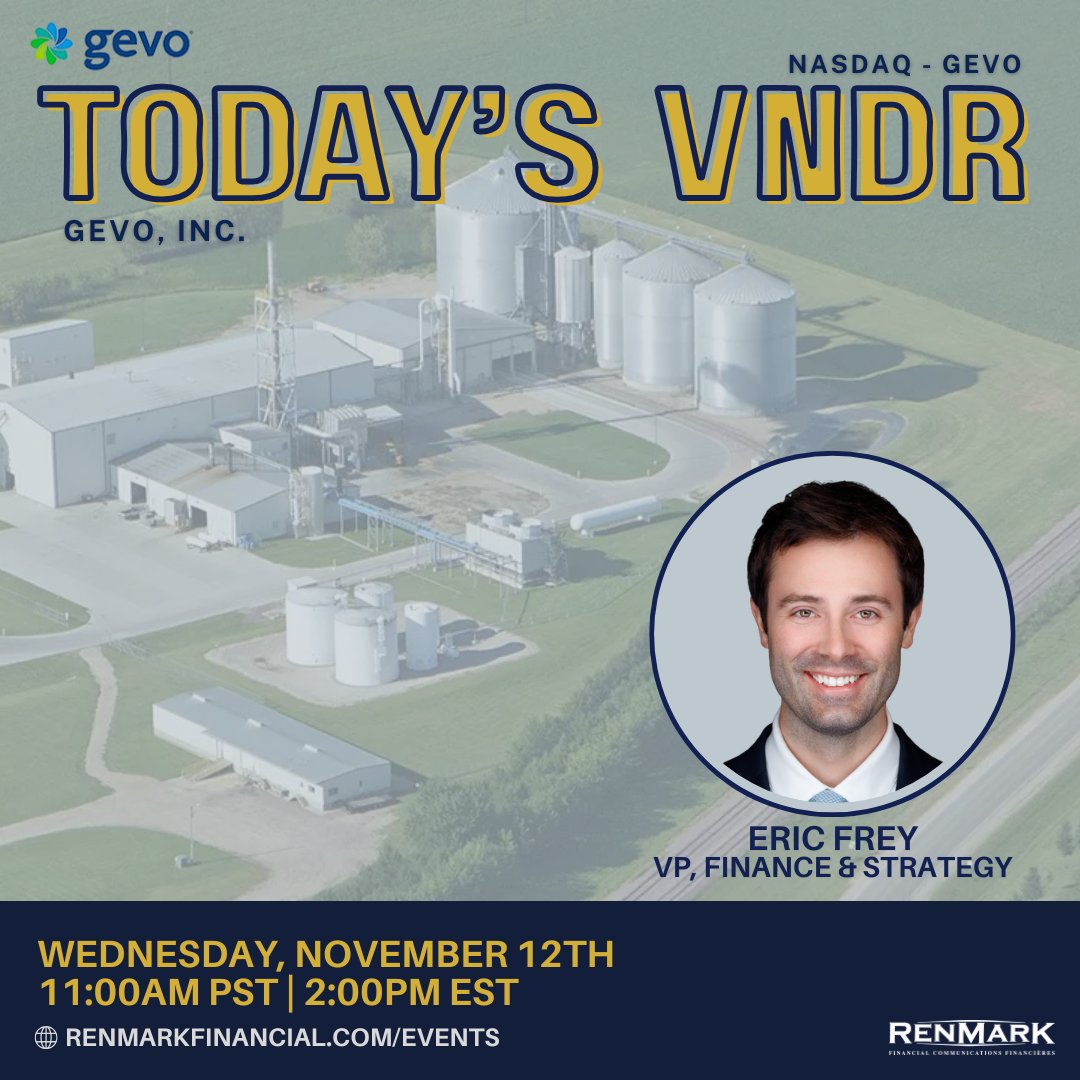 🌱 <a href="/Gevo_Inc/">Gevo, Inc.</a> (NASDAQ: $GEVO) is transforming renewable feedstocks into the low-carbon fuels that power a cleaner future.

📅 Nov 12 | 🕚 11AM PT / 2PM ET
🔗 ow.ly/o5pm50XnTyV

#Gevo #RenewableEnergy #CleanFuels #Sustainability #RenmarkVNDR