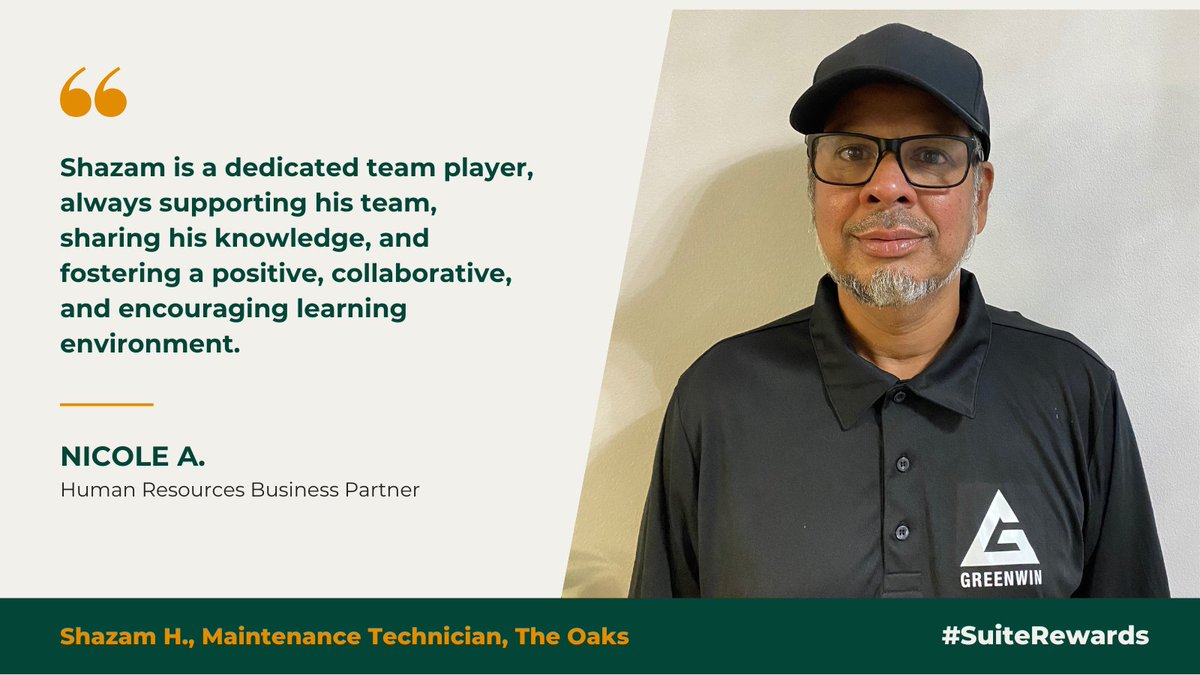 GreenwinTALKS's tweet image. Congrats to Shazam H., Maintenance Technician at The Oaks, our latest #SuiteRewards recipient! Nominated by Nicole A., Shazam’s dedication, and willingness to help foster continuous growth and strong connections across the team. Thank you!
#Greenwin #EmployeeRecognition