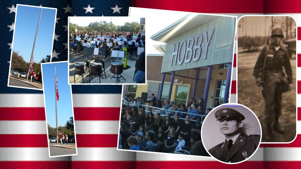 MsMelizaGreen's tweet photo. 11.11.25 🩷🩶🩵
Hobby Veterans Day Celebration was awesome!  Flag-raising by vet-teacher &amp; boy scouts, inspirational speeches and beautiful student music.  I cannot forget my dearly departed dad.  I am proud of Hobby Vets &amp; Students. https://t.co/c5jRrGtOG5
