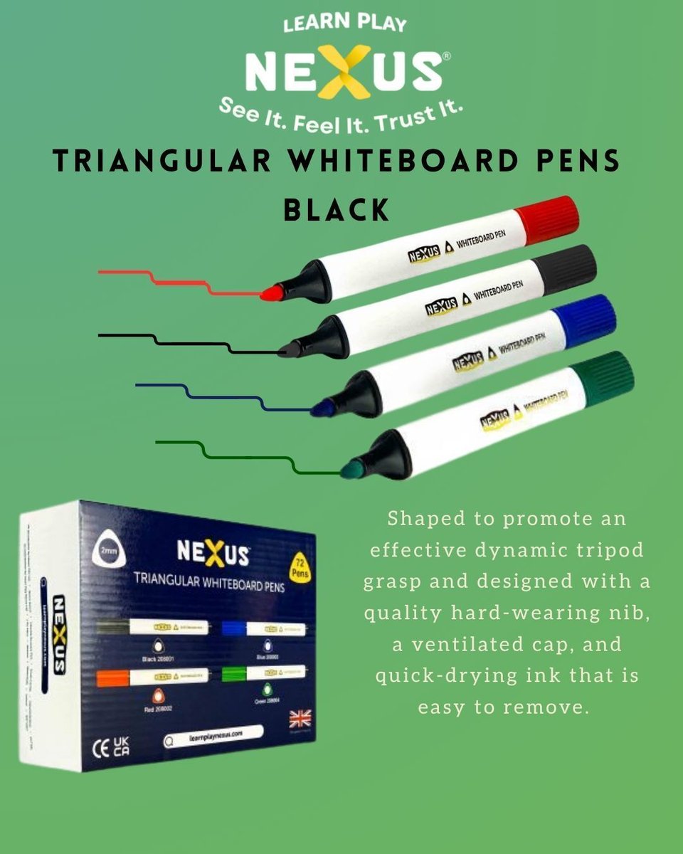 ✏️ Write with comfort and confidence!
Our Nexus Triangular Whiteboard Pens are designed to promote the perfect tripod grip, helping improve handwriting control and comfort.
Featuring a durable nib, ventilated cap, and quick-drying, easy-to-erase ink, they’re the classroom