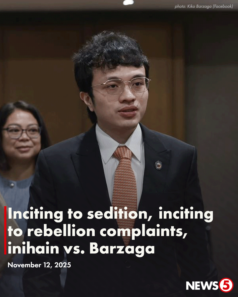 News5PH's tweet photo. REKLAMO VS. BARZAGA

Nahaharap si Cavite 4th District Rep. Kiko Barzaga sa mga reklamong inciting to sedition at inciting to rebellion sa Quezon City Prosecutor’s Office, pagkumpirma ng Department of Justice (DOJ).

Kinumpirma ito ng isang tagapagsalita ng ahensya ngayong Miyerkules, Nov. 12.

Inaatasan ang kongresista na magsumite ng kaniyang counter-affidavit sa Nov. 18 at 25, base sa kopya ng subpoena laban sa kaniya.