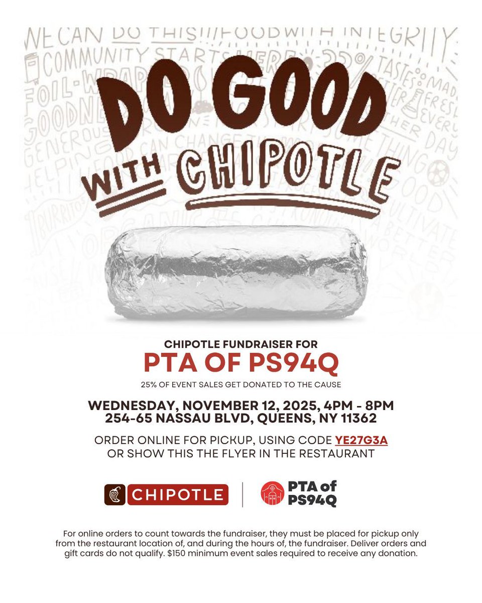 Skip a night of cooking and swing by Chipotle (25465 Nassau Blvd, Little Neck) this WED 11/12 from 4PM-8PM to support PS94! 🌯✨ They’ll donate 25% of proceeds—order online with code YE27G3A or show this flyer in-store! 
<a href="/PS94DavidPorter/">PS94 David D Porter</a> <a href="/94QDavidDPorter/">Laura Avakians</a>