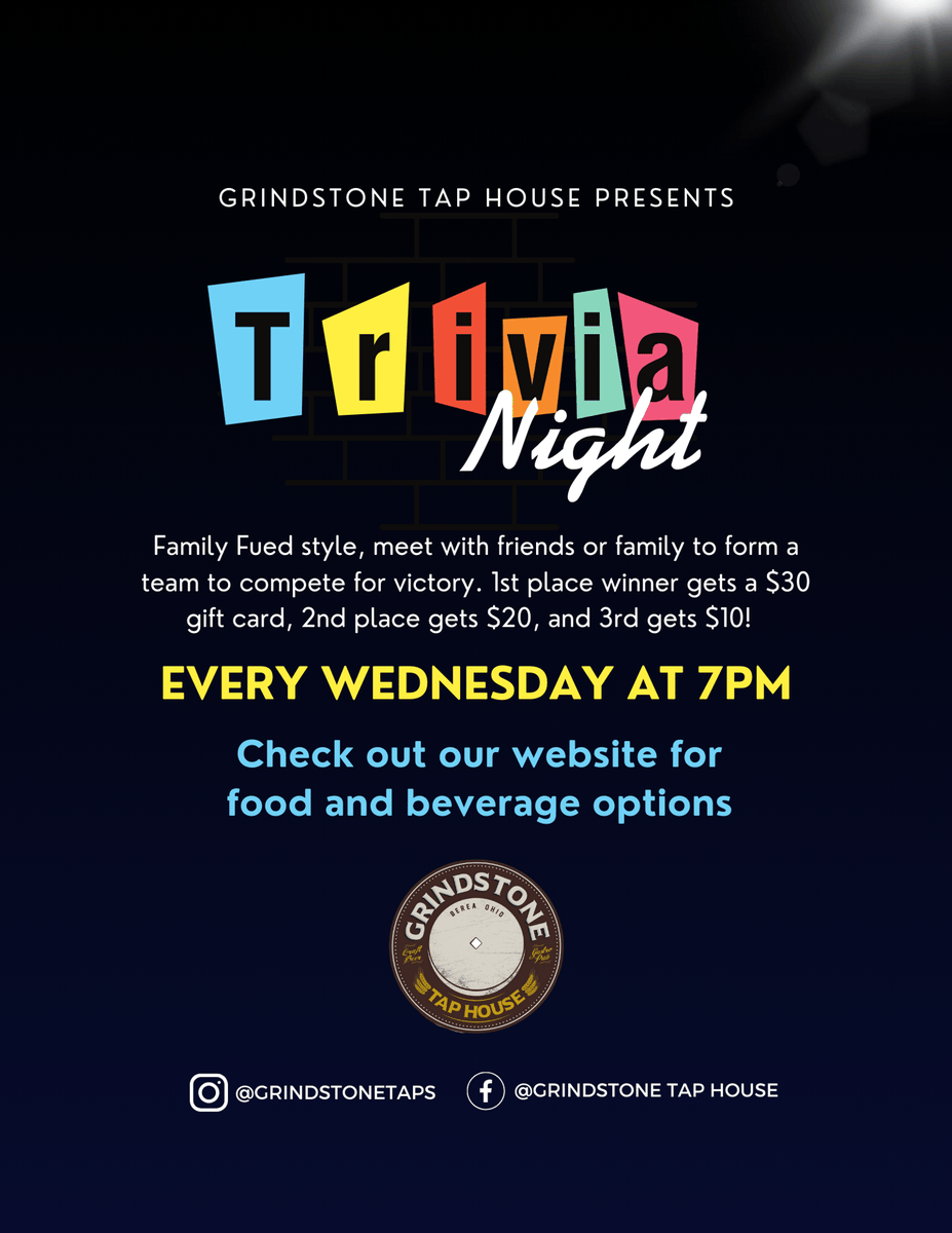 Flex your brain muscles at Trivia Night every Wednesday at 7PM! 🧠💡 Will you be one of our top three champions? Come join the fun and friendly competition at Grindstone Tap House. #TriviaNight #WednesdayWisdom #GrindstoneFun 🏆🎉