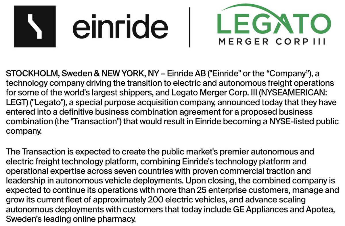 Self-driving truck firm Einride to go public via SPAC deal at $1.8 billion valuation🚩 $LEGT