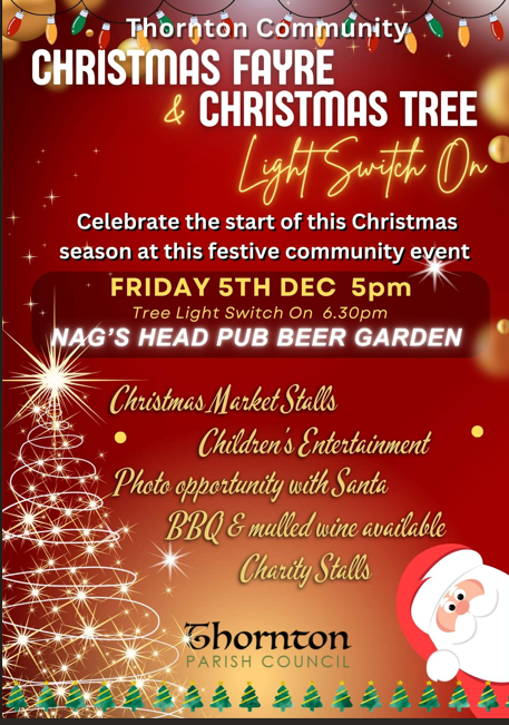 ThorntonCouncil's tweet photo. Join us as we kick off the festive season in true Thornton style! Expect twinkling lights, joyful music, and plenty of Christmas cheer:
🎁 Christmas Market Stalls
🎅 Photo Opportunity with Santa
🎠 Children’s Entertainment
🔥 BBQ &amp; Mulled Wine
Christmas countdown starts here! 🌟 https://t.co/52L6AXhOp2