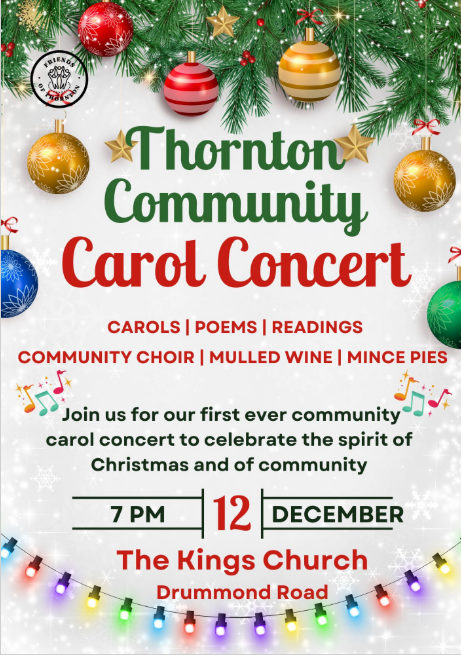 ThorntonCouncil's tweet photo. Don’t miss Thornton’s first Community Carol Concert—an evening of carols, readings, mulled wine, and mince pies. 7 PM, 12 December at The Kings Church. Let’s celebrate the season together! https://t.co/oovxD5ZXY0