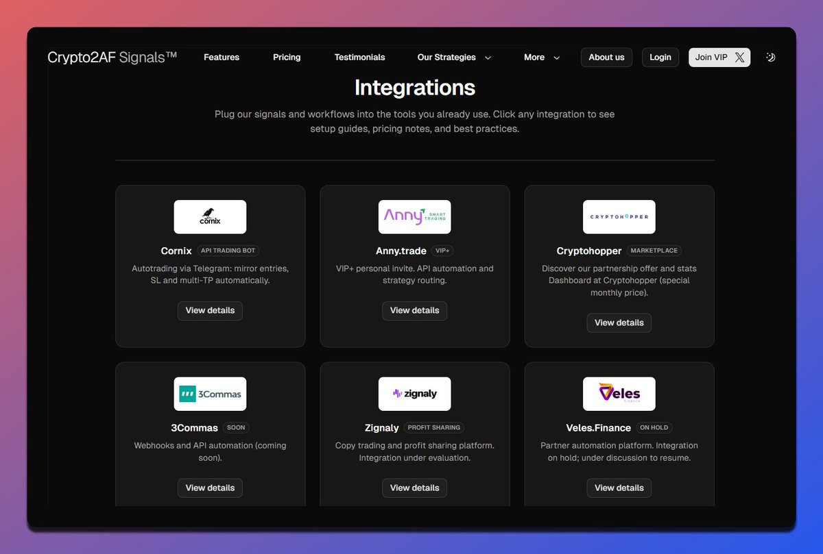 Crypto2_AF's tweet image. Learn about our Integrations for autotrading

crypto2af.com/integrations

Plug our signals and workflows into the tools you already use. Click any integration to see setup guides, pricing notes, and best practices.

#TradingCrypto #BTC #tradingautomation #CryptoMarket