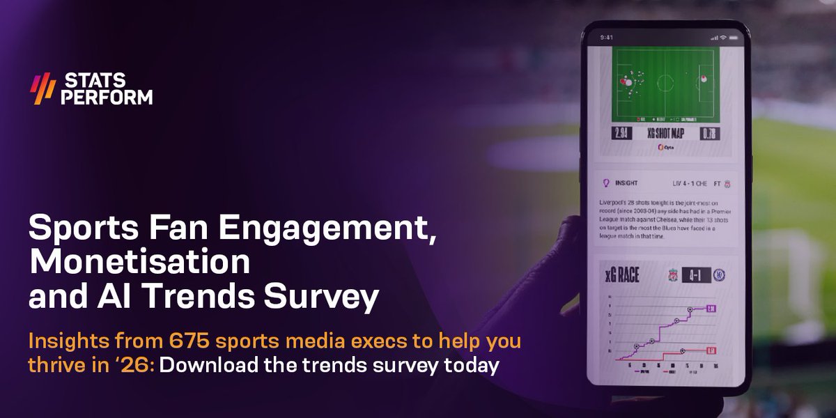 StatsPerform's tweet image. Introducing the 2026 Sports Fan Engagement, Monetisation &amp;amp; AI Trends survey.

💡 Filled with actionable insights from 675 sports media executives, the report explores key challenges, opportunities and innovations shaping the year ahead.

Download today ➡️ bit.ly/47FqSP6
