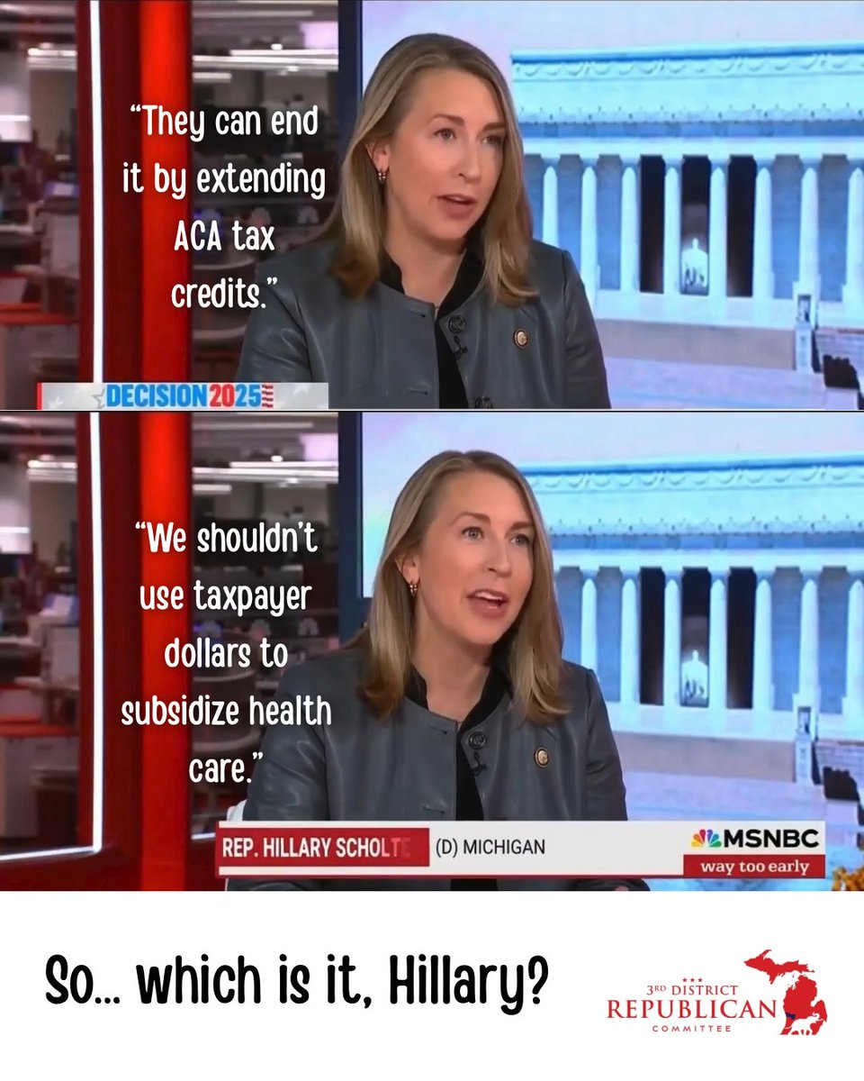 MIGOP3D's tweet photo. @HillaryScholten says Republicans can “end the shutdown” by extending ACA tax credits…
Then seconds later says we shouldn’t use taxpayer dollars to subsidize health care. 🤦‍♂️
Fix the shutdown by funding what we shouldn’t fund?
Peak Dem confusion.
#MIPolitics  #Shutdown #WestMI https://t.co/QraCsm9GcX