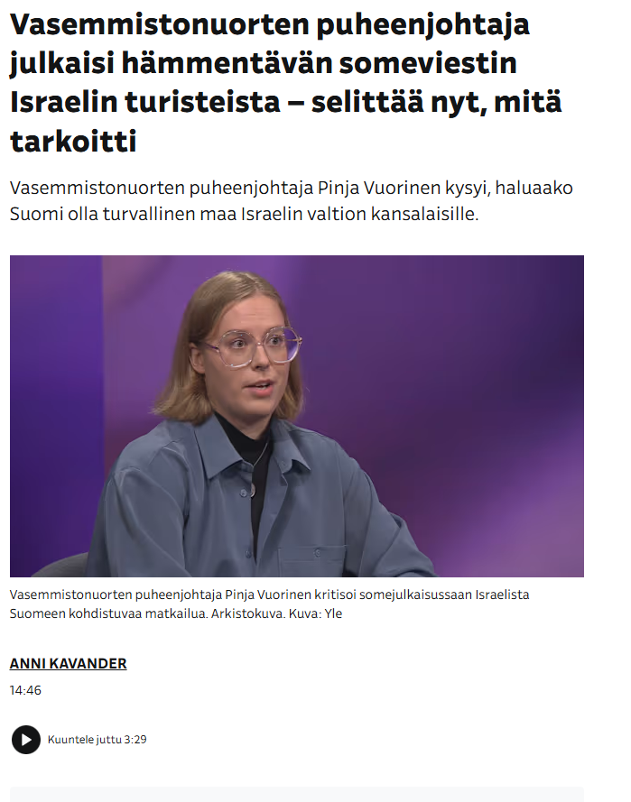 Tässä haastattelussa normalisoidaan ihmisvihaa.

Haastattelun absurdein kohta on tämä: "voimmeko neutraalisti vastaanottaa turisteja, jotka tulevat maasta, jota epäillään kansanmurhan toteuttamisesta". 

On ihan turha selitellä, ettei tarkoita väkivaltaan yllyttämistä, jos