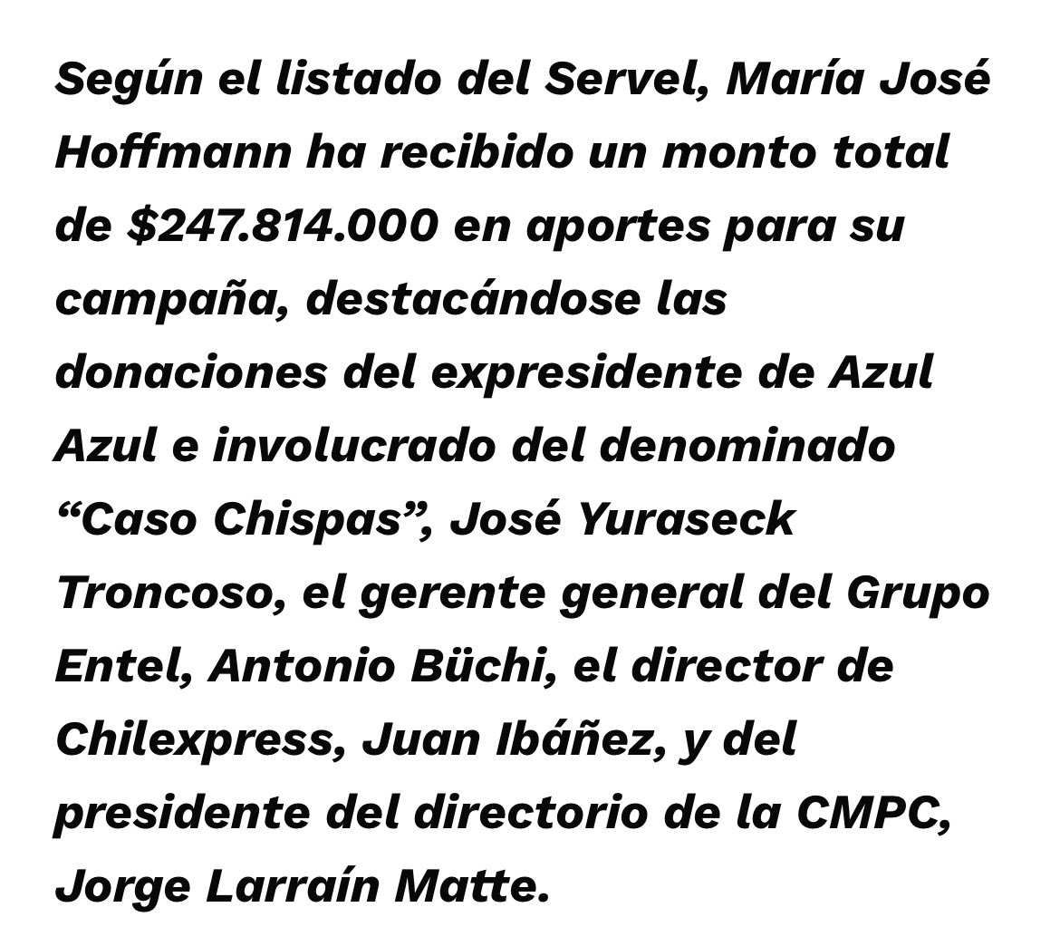 María José Hoffmann ha recibido casi 250.000.000 de pesos de Entel, de la CMP y Chilexpress. 

Sería estupendo que usted NO vote por ella.