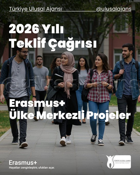 First image shows group of diverse young adults including males and females some wearing headscarves standing on paved walkway near university building with Turkish flag and Erasmus+ logo at bottom. Second image is infographic table for higher education programs listing KA130-HED accredited consortium applications deadline February 19 2026 KA131-HED individual learning mobility deadline February 19 2026 KA170-HED capacity development deadline February 19 2026 KA220-HED cooperation partnerships deadline March 5 2026 with Erasmus+ logo. Third image infographic for vocational education with KA120-VET accredited consortium applications July 29 2026 KA121-VET short-term projects February 19 2026 KA122-VET long-term projects February 19 2026 KA210-VET small-scale partnerships March 5 2026 KA220-VET cooperation partnerships March 5 2026. Fourth image infographic for school education KA120-SCH accredited consortium applications July 29 2026 KA121-SCH short-term projects February 19 2026 KA122-SCH long-term projects February 19 2026 KA210-SCH small-scale partnerships March 5 2026 KA220-SCH cooperation partnerships March 5 2026 KA210-SCH in-service training for school staff April 9 2026.