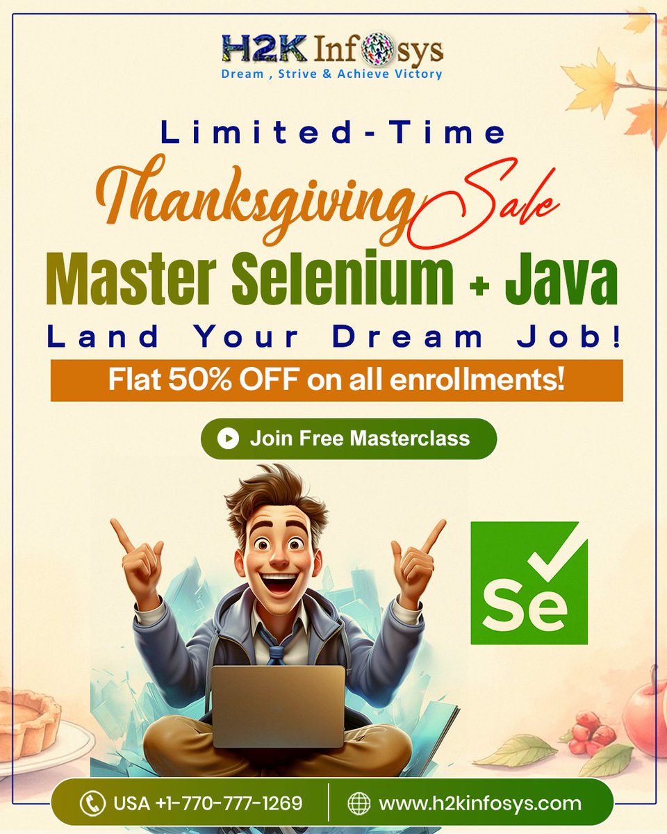 h2kinfosys's tweet image. Upgrade your career with the Selenium + Java Masterclass
Enroll Now: h2kinfosys.com/courses/seleni…
📞 +1 770-777-1269 | 📧 training@h2kinfosys.com
👉 For Latest Updates about H2kinfosys In One Click: h2kinfosys.com/quick-links/
#Automation #Testing #Selenium #Java #Career #viral