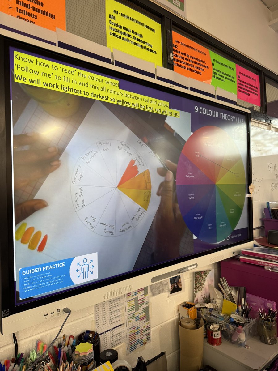 SmallHeathLA's tweet image. Year 7 Art exploring colour theory!
Students are learning how to ‘read’ the colour wheel and mix tones from lightest to darkest — fantastic guided practice and engagement all round. #TeachingAndLearning #Art #CreativityInAction