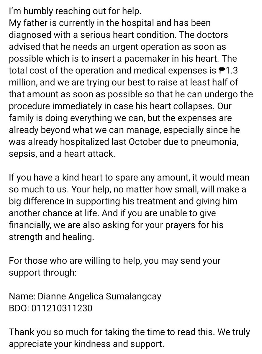 yaneyxx's tweet image. I’m humbly reaching out for help.
My father is currently in the hospital and has been diagnosed with a serious heart condition. The doctors advised that he needs an urgent operation as soon as possible which is to insert a pacemaker in his heart. #askingforhelp #foryoupage