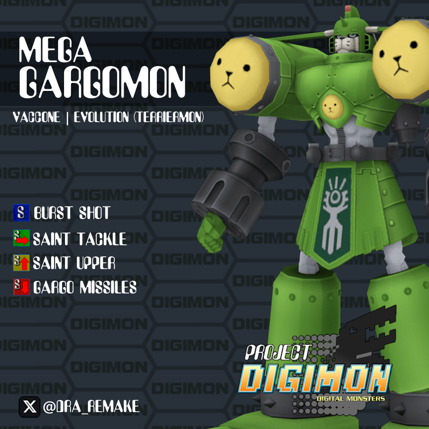 DRA_Remake's tweet image. Megagargomon is a mon with plenty of weapons to unleash. While they aren&apos;t fast, they shine by striking from anywhere on the map. Their bullets pepper enemies accurately at fast speeds and their homing missiles can&apos;t be shaken, dealing high damage. 

#projectdigimon #megagargomon