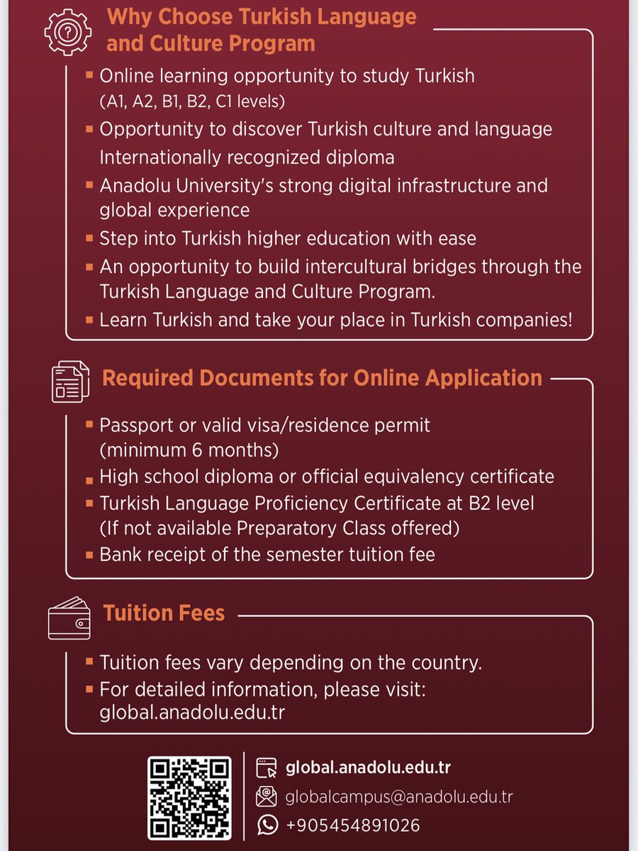 Anadolu Üniversitesi,  Türk dilinin yaygınlaştırılması ve Türk kültürünün tanıtılması amacıyla,  çevrim içi Türk Dili ve Kültürü Ön Lisans Programı açılmıştır. 
Başvuru için son tarih: 1 Aralık 2025  
Kayıt işlemleri için: aoskayit.anadolu.edu.tr

<a href="/tcmeb/">Millî Eğitim Bakanlığı</a> <a href="/mebyyegm/">Yükseköğretim ve Yurt Dışı Eğitim Genel Müdürlüğü</a>