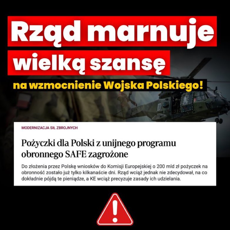 mblaszczak's tweet image. Jak podaje @rzeczpospolita prawdopodobnie stracimy wielką szansę na wzmocnienie Wojska Polskiego. Za chwilę mija czas na złożenie wniosków w ramach programu SAFE, a rząd rozkłada bezradnie ręce.