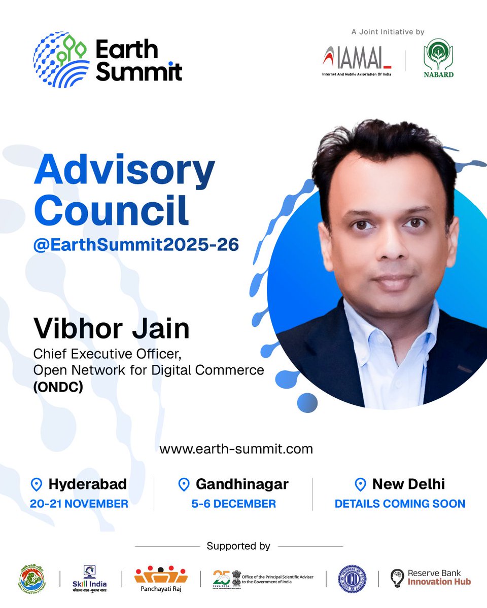 Earth_Summit_IN's tweet image. Welcome Mr. Vibhor Jain, Acting CEO &amp;amp; COO, ONDC, to the #EarthSummit 2025-26 Advisory Council! Driving digital transformation &amp;amp; open network innovation for India’s future.

Register now 🔗 registration.earth-summit.com/hyderabad/sele… 

#IAMAI