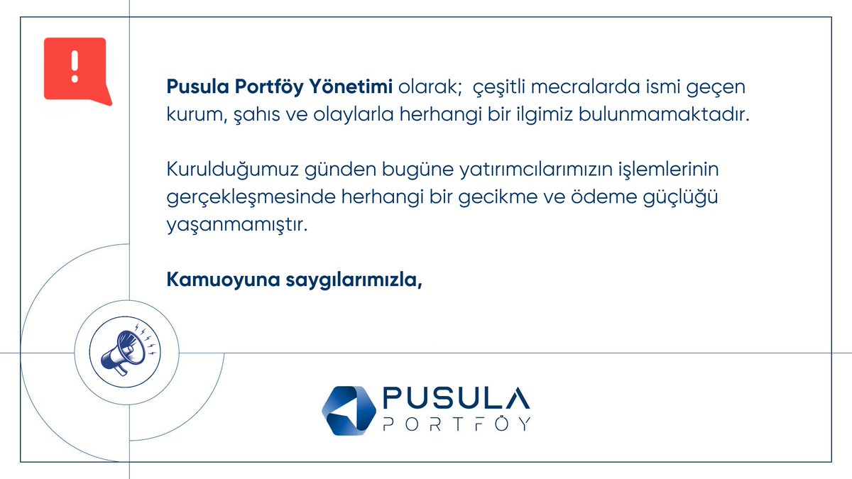 Pusula Portföy Yönetimi olarak; çeşitli mecralarda ismi geçen kurum, şahıs ve olaylarla herhangi bir ilgimiz bulunmamaktadır. 

Kurulduğumuz günden bugüne yatırımcılarımızın işlemlerinin gerçekleşmesinde herhangi bir gecikme ve ödeme güçlüğü yaşanmamıştır. 

Kamuoyuna