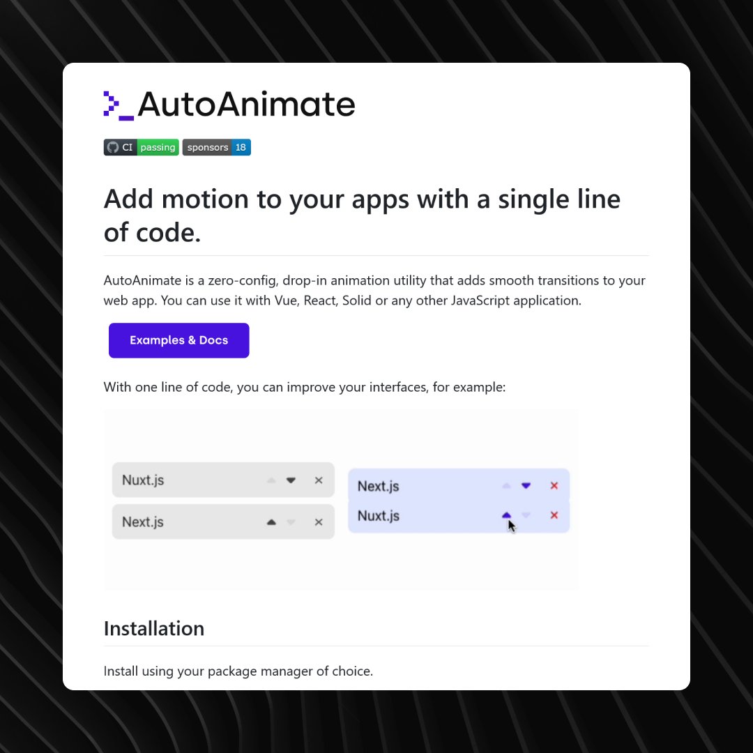 remvze's tweet image. «AutoAnimate»

A zero-config, drop-in animation utility that adds smooth transitions to your web app. You can use it with React, Vue, or any other JavaScript application.

→ github.com/formkit/auto-a…

#opensource #github
