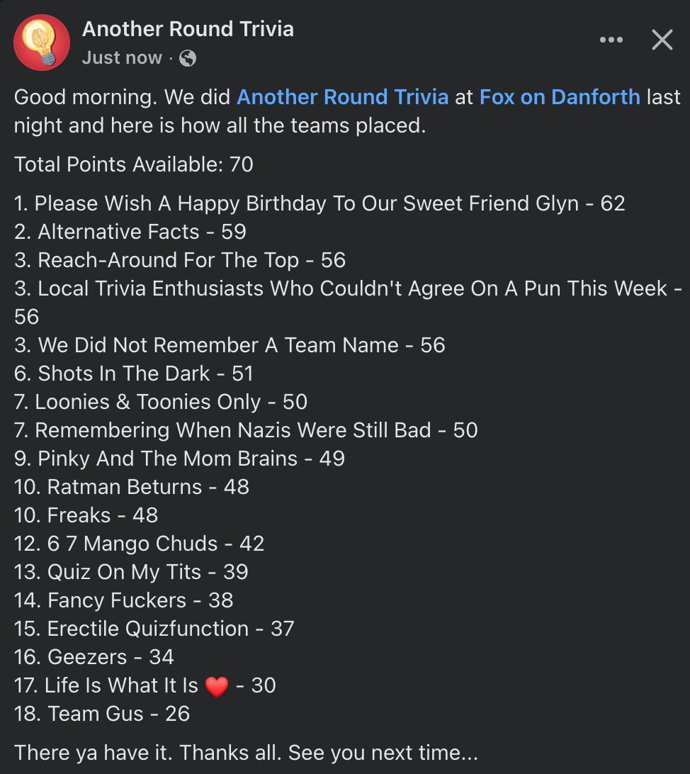 Hi everyone. Here are the results from last night's <a href="/A_R_Trivia/">Terrance Balazo</a> at <a href="/FOXandFiddleTO/">Fox&FiddleDanforth</a>: