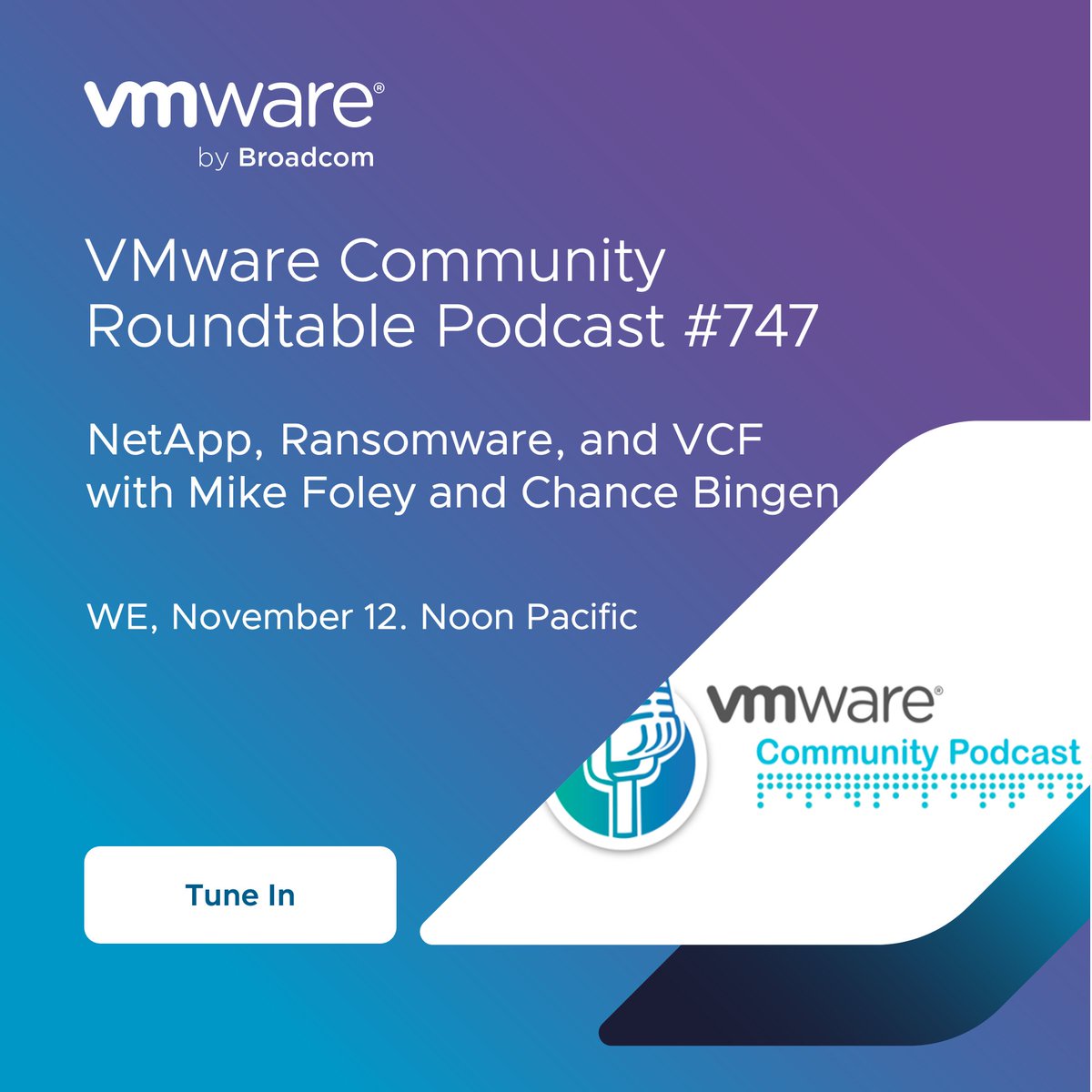 VMwareCommunity's tweet image. ✦Update✦ WE, November 12, NetApp Technical Marketing Engineers Mike Foley &amp;amp; Chance Bingen join the #VMware Community Roundtable Podcast to talk #NetApp security, ransomware &amp;amp; #VCF. 

🎙️Join us today, 12PM Pacific: bit.ly/3Lxshyw

@ericnipro @plankers @vCommunityGuy