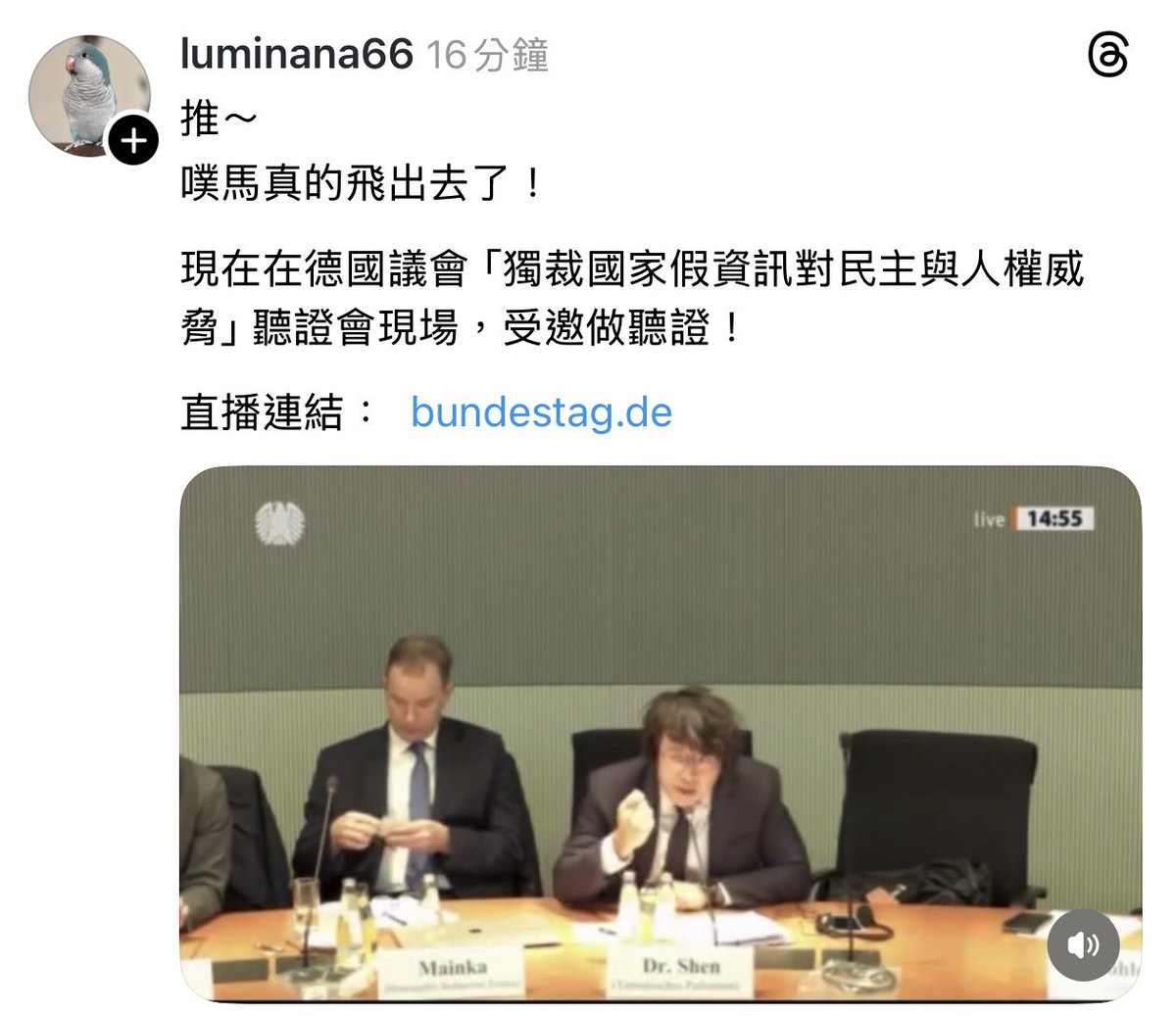 threads.com/@luminana66/po…
推～
噗馬真的飛出去了！

現在在德國議會「獨裁國家假資訊對民主與人權威脅」聽證會現場，受邀做聽證！

直播連結： bundestag.de