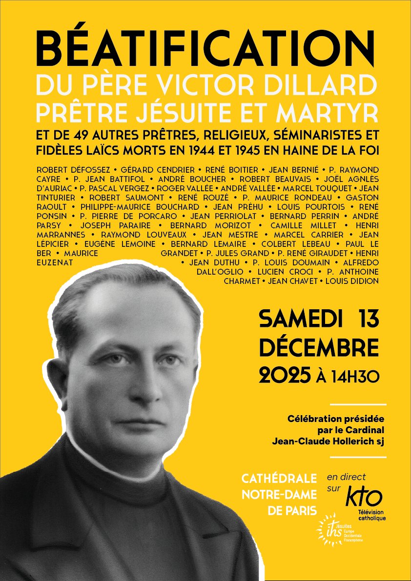 Jesuites's tweet photo. ✨Le père jésuite Victor Dillard sera béatifié, avec 49 autres religieux et laïcs morts en haine de foi, le 13 décembre.

Plus sur la figure du père Dillard 👉 https://t.co/VlDYbNnIlJ 

#Béatification #VictorDillard #Jésuites #Résistance #Foi #NotreDameDeParis
#KTOTV #STO https://t.co/VcSgHmuea3