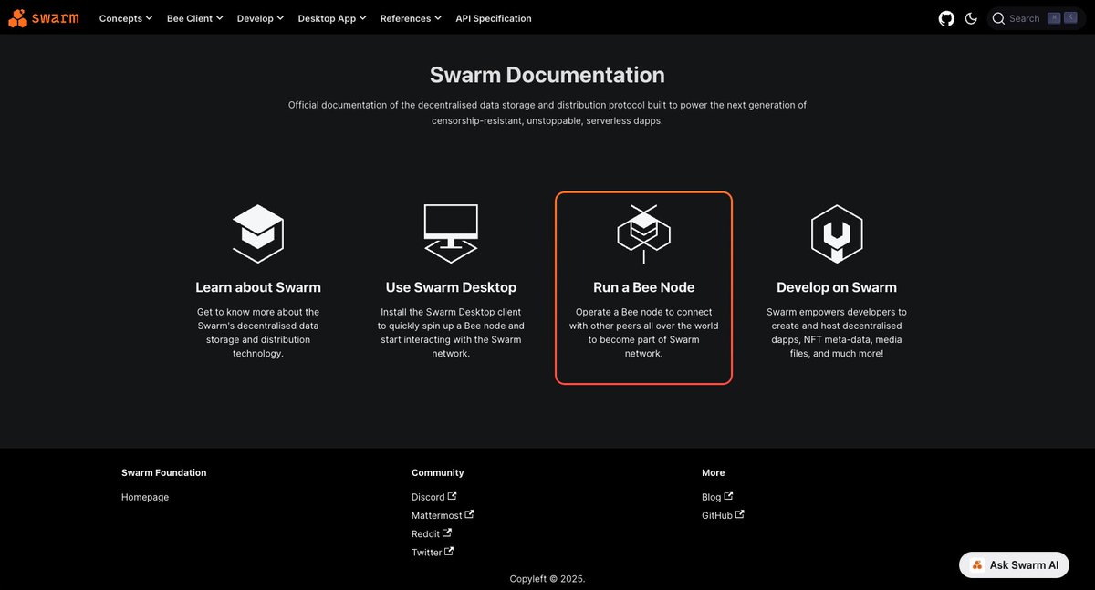 Operate a node, grow the network 🐝🐝🐝

Run Bee, store / serve chunks, and get rewarded. Join as an node operator today → Start here👇

docs.ethswarm.org/docs/bee/insta…