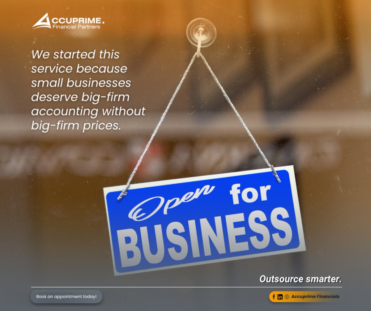 Accuprime2025's tweet image. Small businesses deserve big-firm expertise 💼—without the big-firm price tag 💰. Save time, stay compliant &amp;amp; grow smarter 🚀. Outsource smart. Book your appointment today! 🌟

#SmartOutsourcing #SmallBusinessSuccess #AffordableAccounting #BusinessGrowth #AccuprimeFinancials