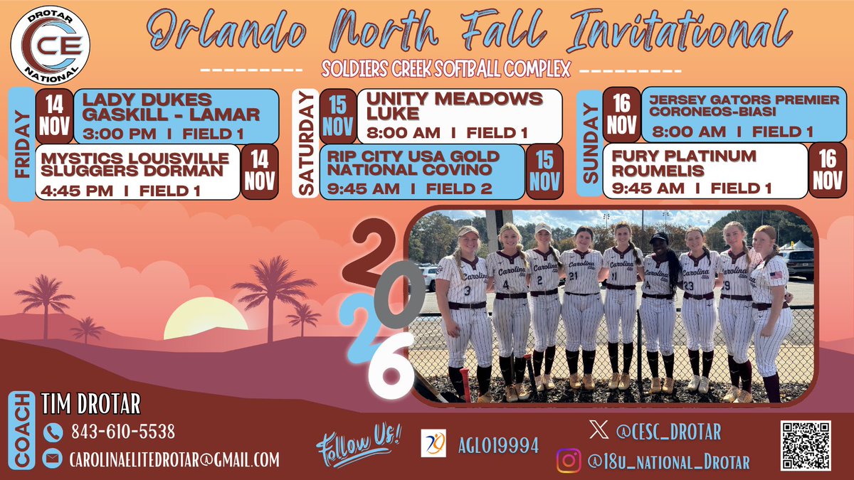 🚨💥SCHEDULE DROP💥🚨
As the sun sets on our fall season, we have one last fall ride for our 2026's as we head to☀️Florida for the Orlando North Invitational! Coaches come check us out! Don't forget you can watch from home with the AGL app - AGL019994. #BeElite