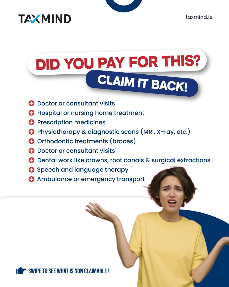 TaxmindIreland's tweet photo. Every doctor visit, prescription, or hospital bill could earn you 20% tax relief from Revenue.

Yet thousands of Irish professionals forget to claim, losing hundreds of euros every year, simply because they didn’t know they could. https://t.co/TRPUeSI2dt
