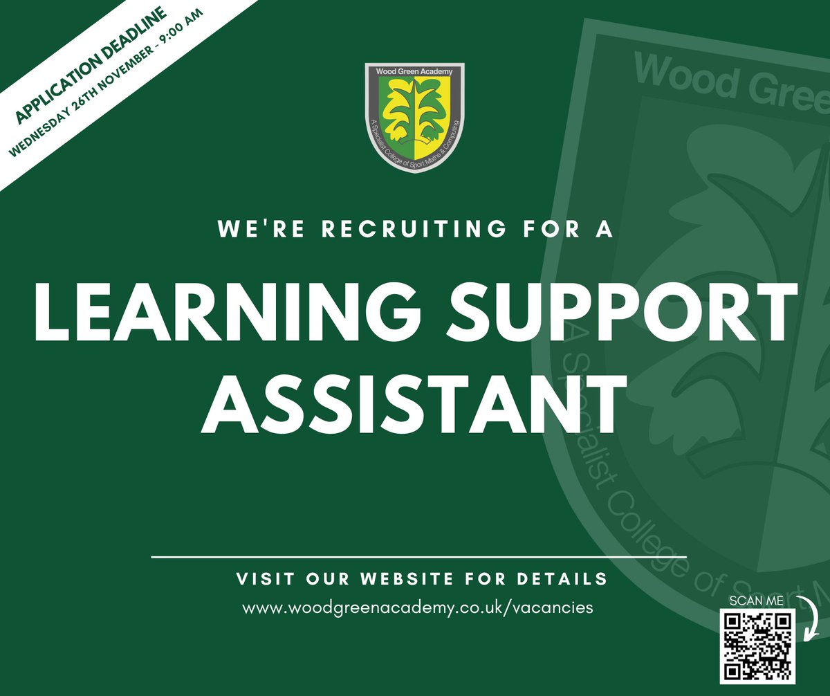 We're Hiring! Take a look at our latest vacancy.

woodgreenacademy.co.uk/vacancies/

#JobVacancy #Vacancies #WGAJobs #Jobs #WestMidlandsJobs #JoinOurTeam