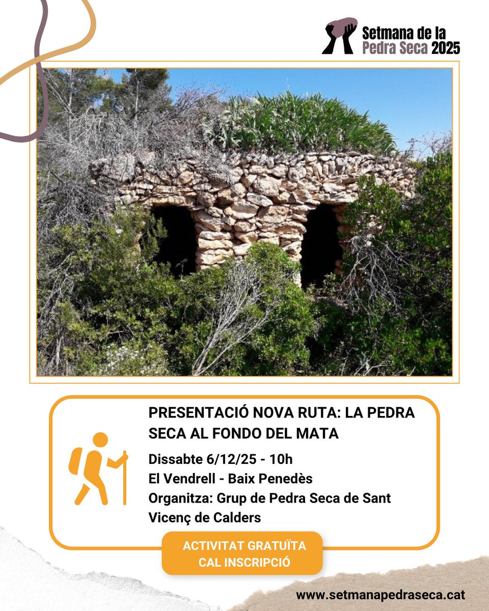 SetmPedraSeca's tweet image. 🟠 DESCOBERTA
🚶‍♀️Presentació nova ruta: La pedra seca al Fondo del Mata

🗓6/12
⏰10h
📍El Vendrell
📌Organitza: Grup de Pedra Seca de Sant Vicenç de Calders
➕Info, calendari i mapa👇
setmanapedraseca.cat/activitats/age…

#SetmanaPedraSeca25 #PedraSeca