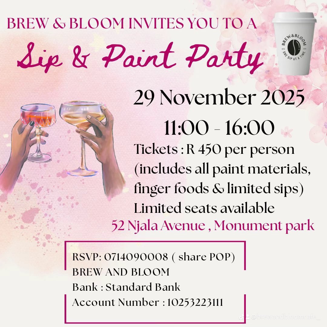 BrewBloomcafe's tweet image. Brew and Bloom Cafe brings you a Sip and Paint party 

Join us for a classy afternoon of creativity, laughter, networking and good vibes only.
For any inquiries whatsapp 0714090008
See you there😁

#BrewAndBloom #SipAndPaint #CreativeExperience #WeekendVibes #PretoriaLifestyle